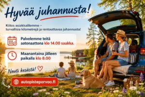 Hyvää juhannusta 2026 – poikkeavat aukioloaikamme. Autopiste K&M Porvoo